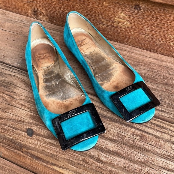 ROGER VIVIER | teal suede ballet flats with black buckle size 35.5 USA 5 - Picture 7 of 7